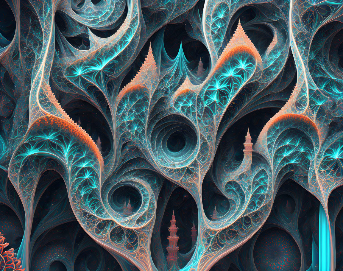 Intricate Blue, Orange, and Teal Fractal Swirls