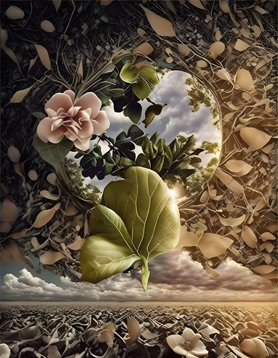 Surreal image: Leaves, flowers, round portal, blue sky, desolate landscape, scattered