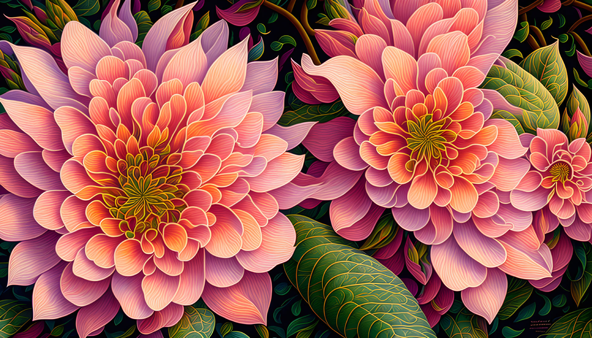 Detailed Pink and Orange Dahlia Flowers in Art Nouveau Style