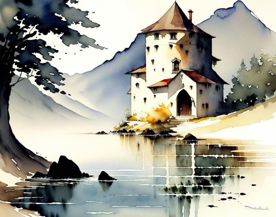 Serene lakeside watercolor painting with white castle, trees, and mountains