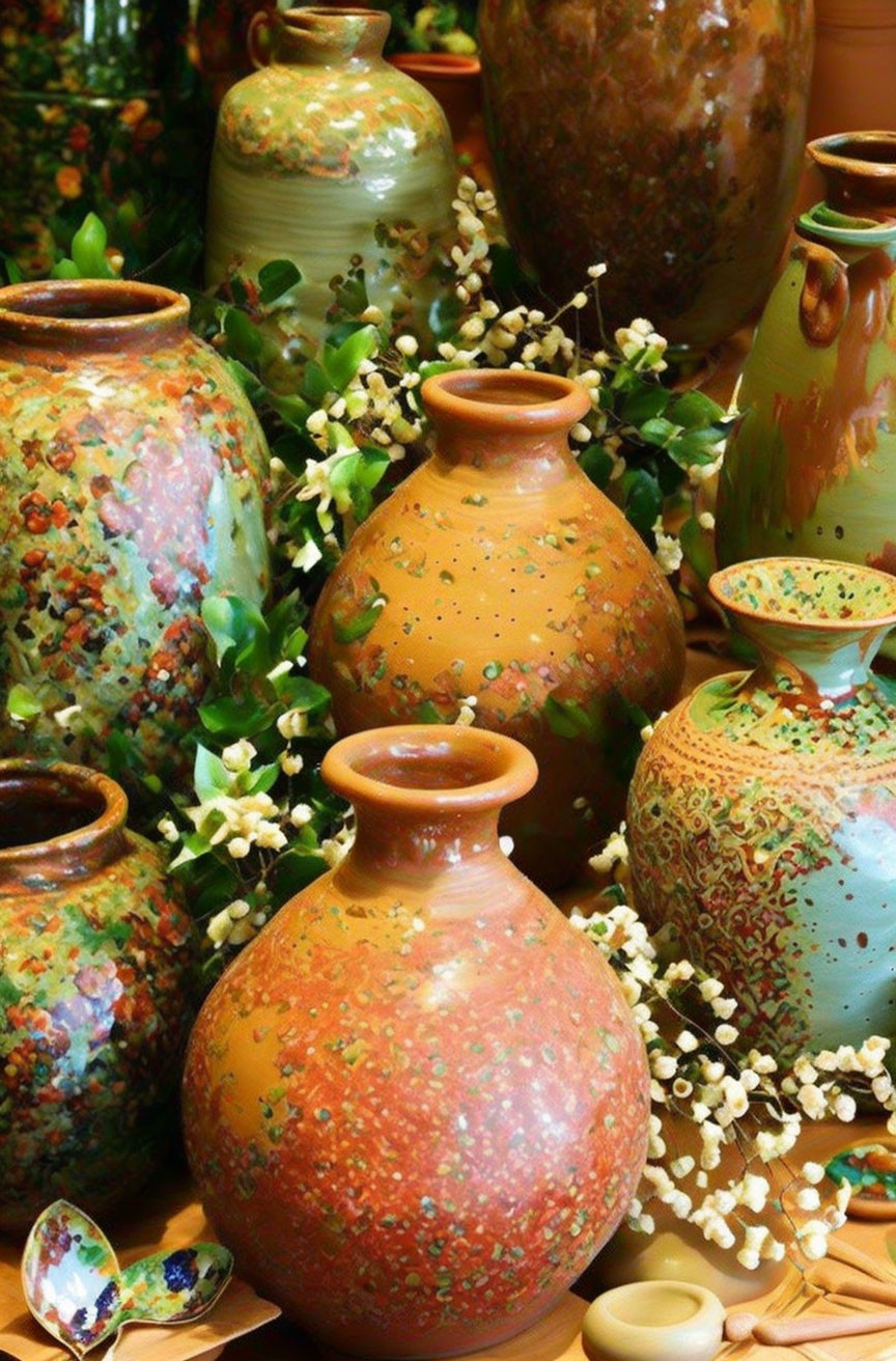 Colorful Speckled Ceramic Pots with White Flowers and Green Foliage