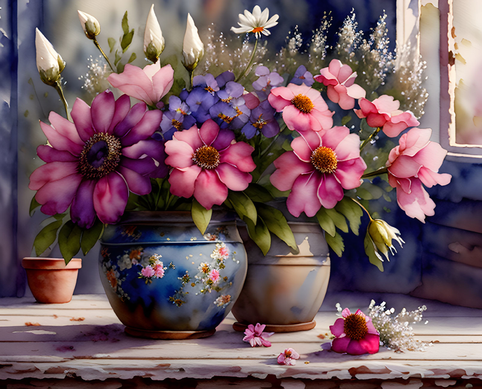 Colorful flowers in blue vase by sunny window with scattered petals