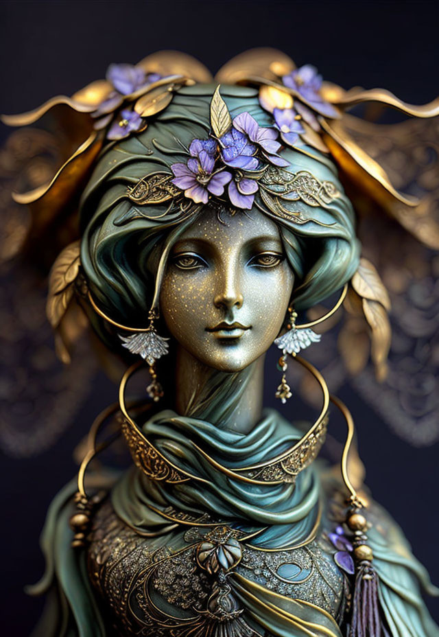 Ornate Bust Featuring Serene Figure with Golden Leaves and Purple Flowers