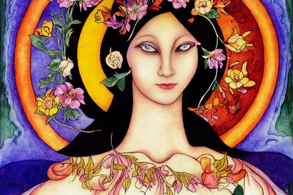 Art Nouveau-style woman with floral halo on orange backdrop