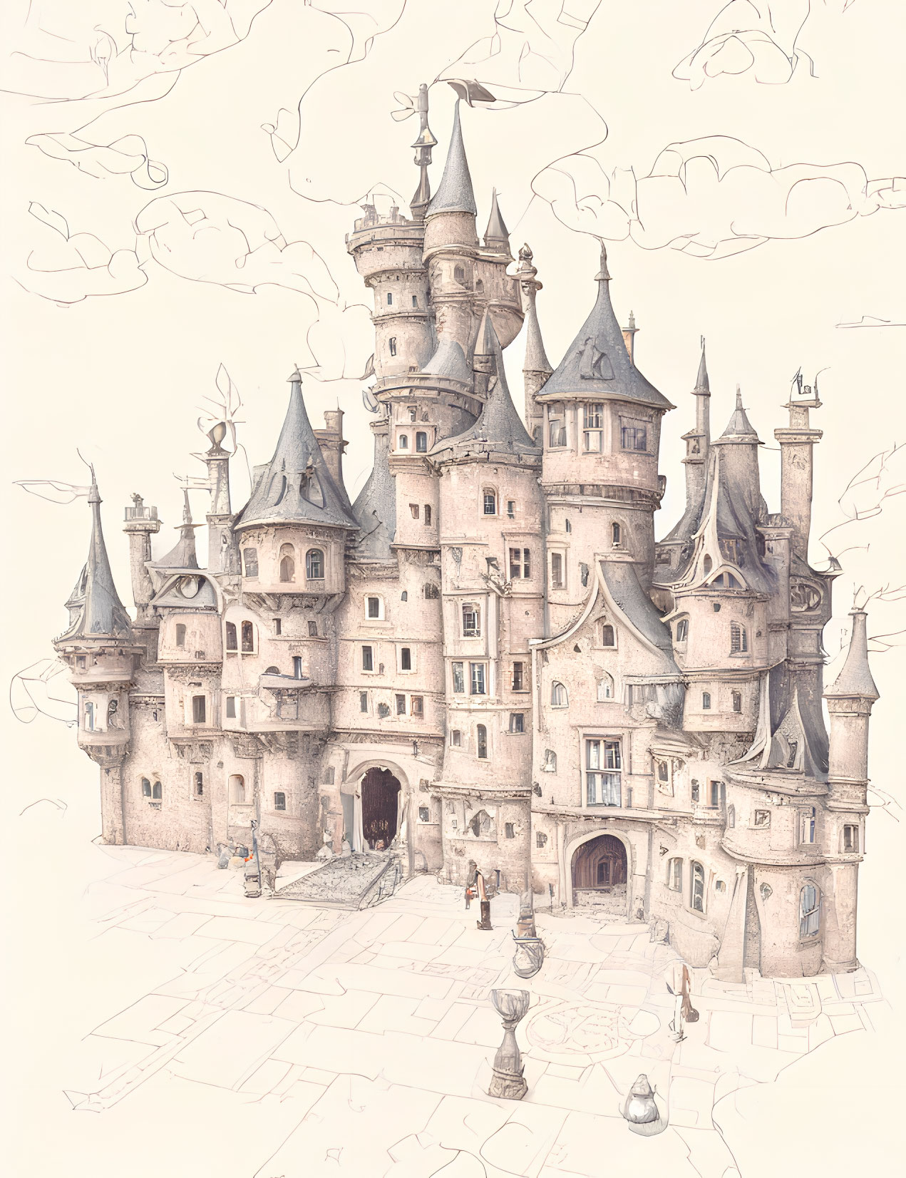 Whimsical castle with multiple towers and turrets against floating clouds