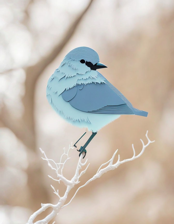 Blue bird perched on frosty branch against beige background