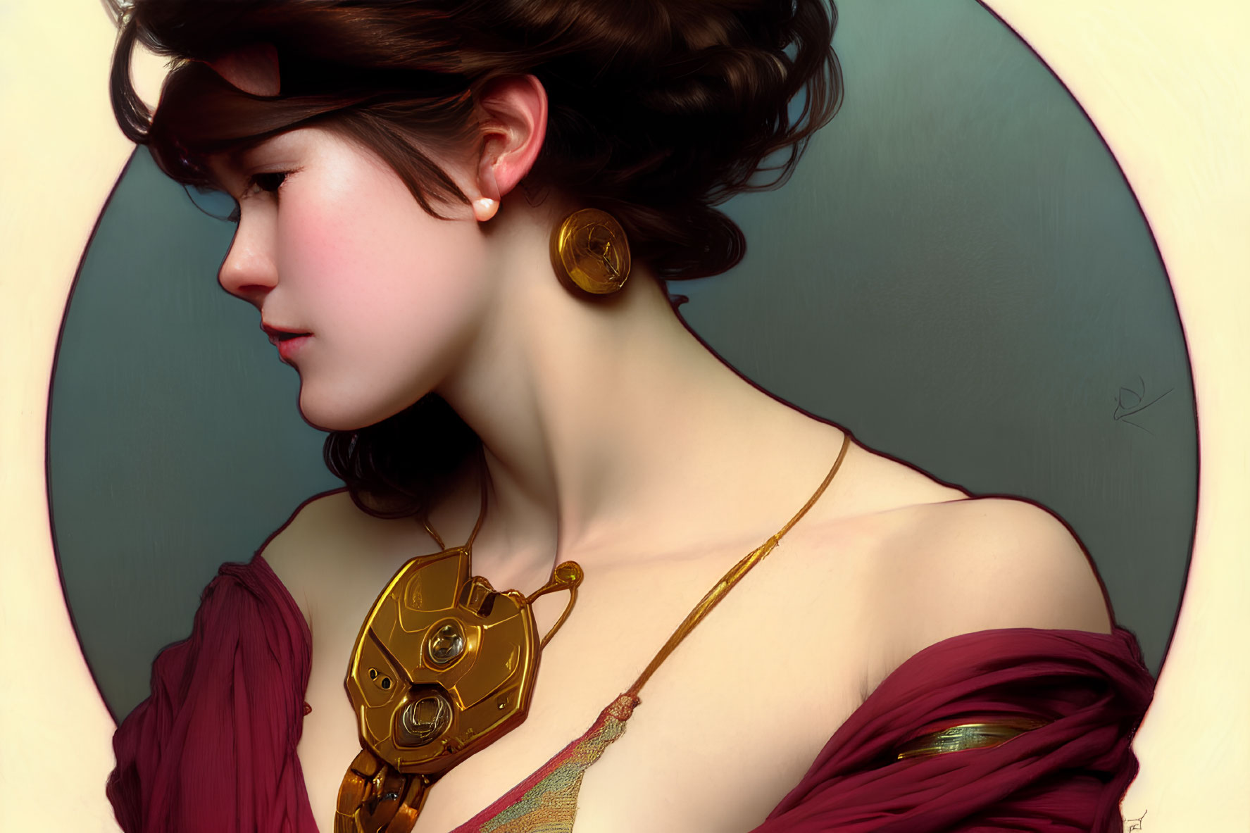 Steampunk-themed portrait of a woman in burgundy toga with mechanical neckwear