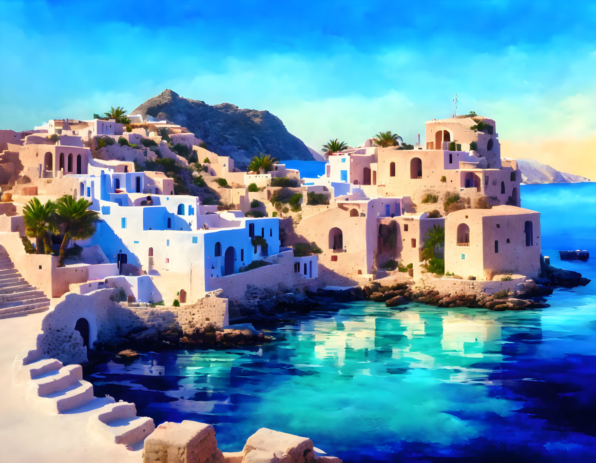 Serene coastal village with whitewashed buildings, blue waters, and mountain backdrop