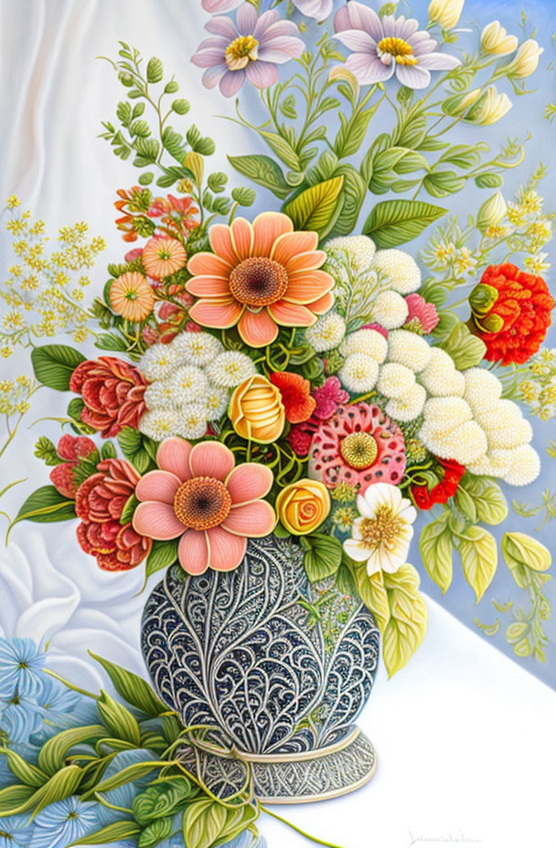 Colorful diverse flower bouquet in ornate blue vase on soft blue and white backdrop