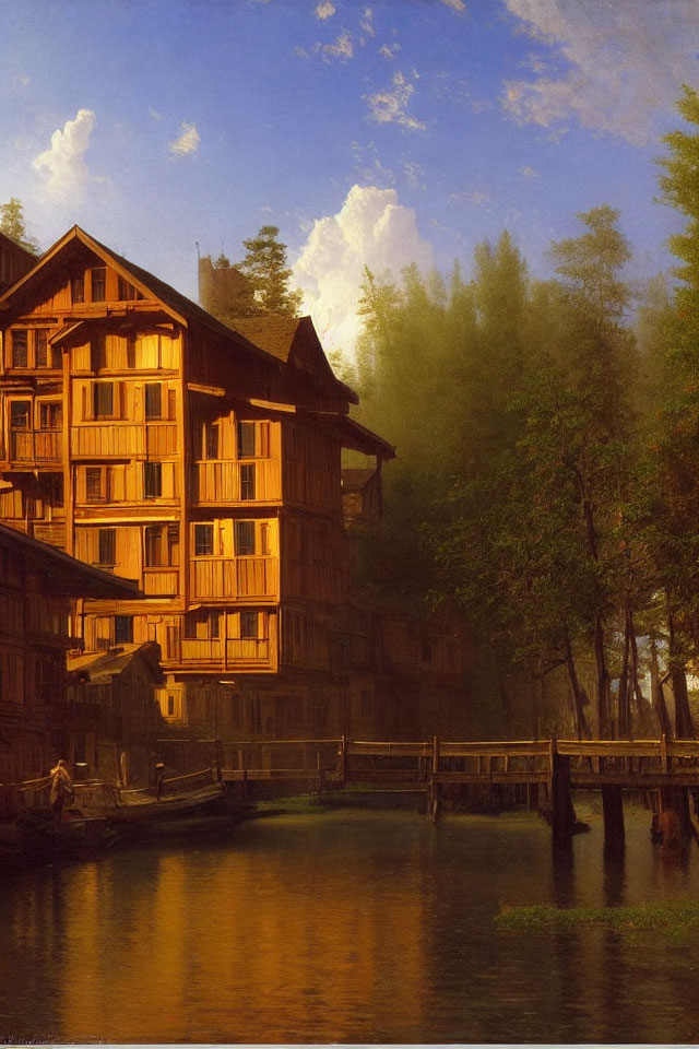 Serene riverside wooden building in golden sunlight.