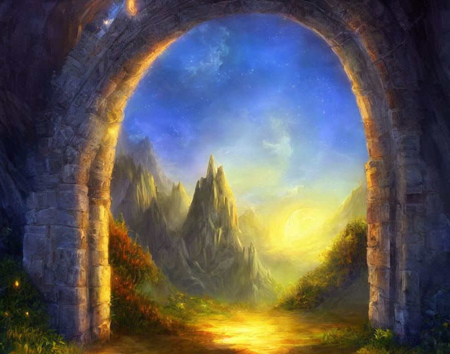 Archway frames mystical fantasy landscape with mountains and glowing sunset.