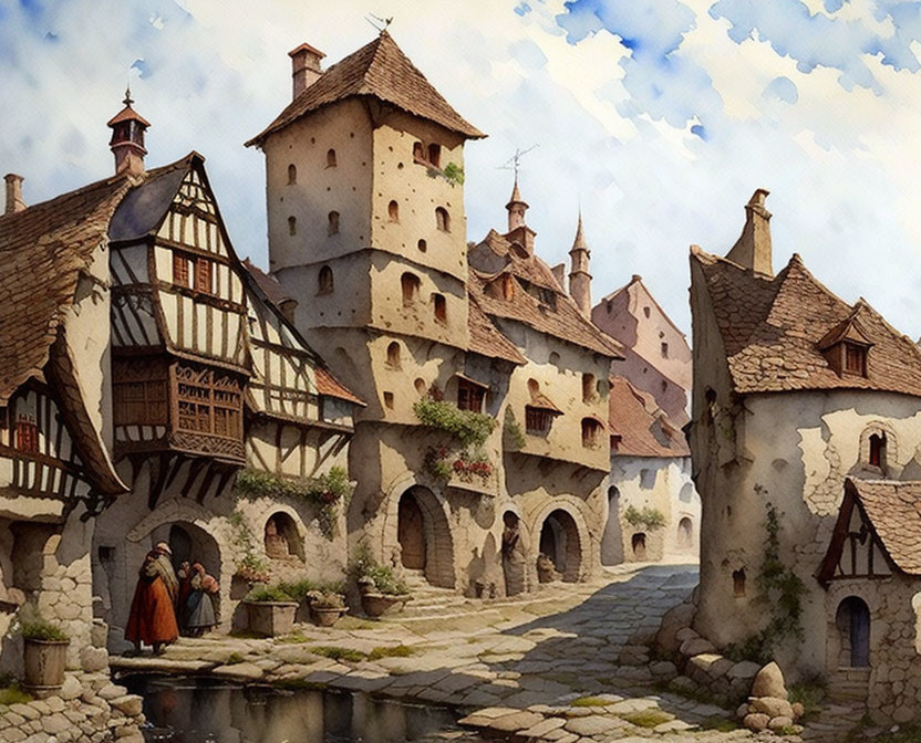 Medieval village scene with half-timbered houses, stone tower, cobblestone streets,