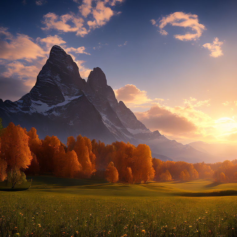 Tranquil mountain landscape with vibrant autumn trees at sunset