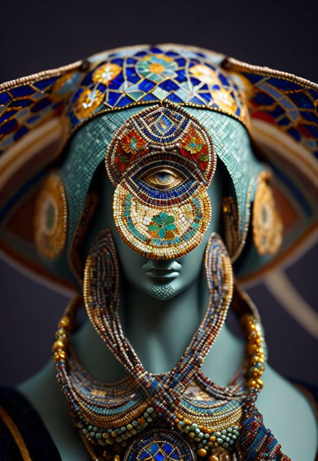 Mannequin with vibrant mosaic headdress and jewelry on dark background