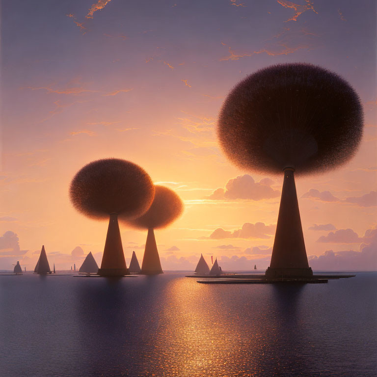 Orange Skies Over Surreal Sunset Landscape with Cone-Shaped Structures