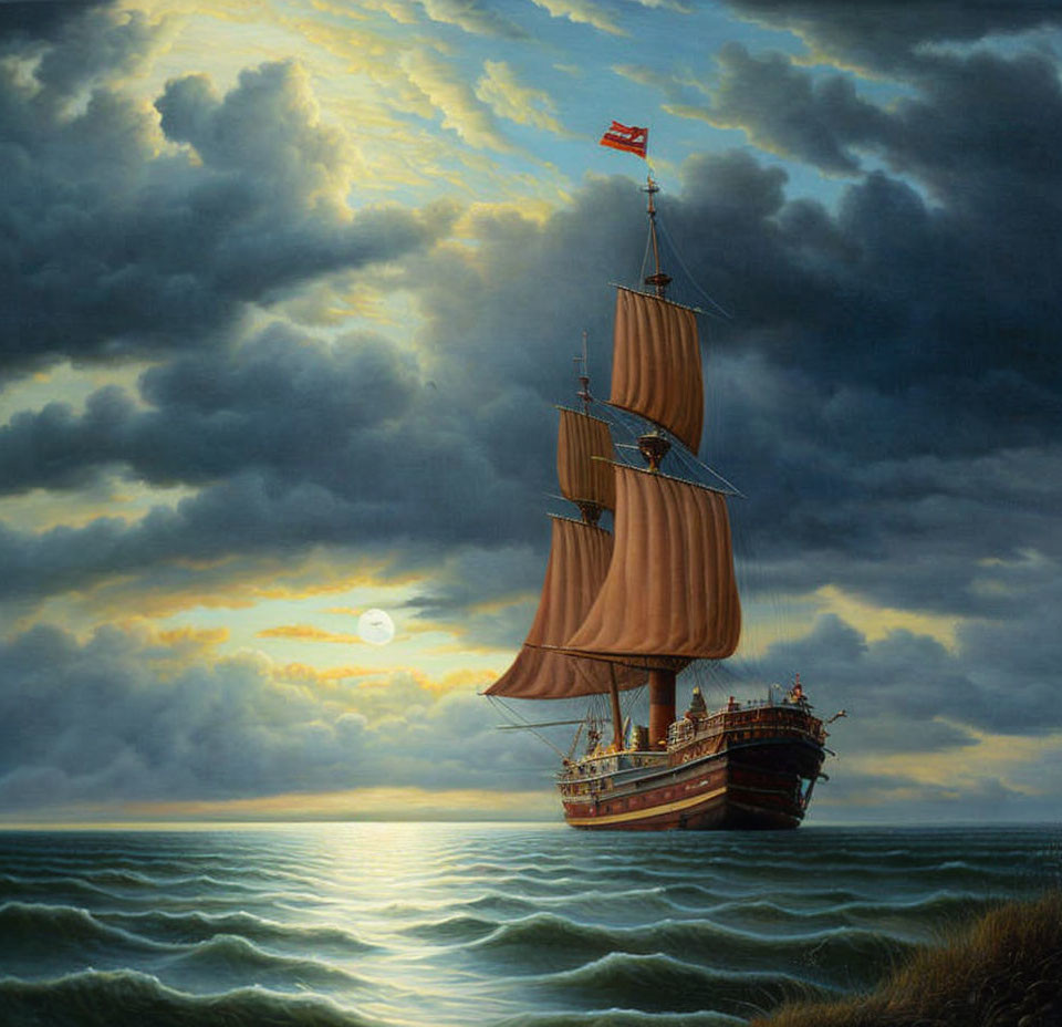 Sailing ship with billowing sails on turbulent sea under dramatic sky