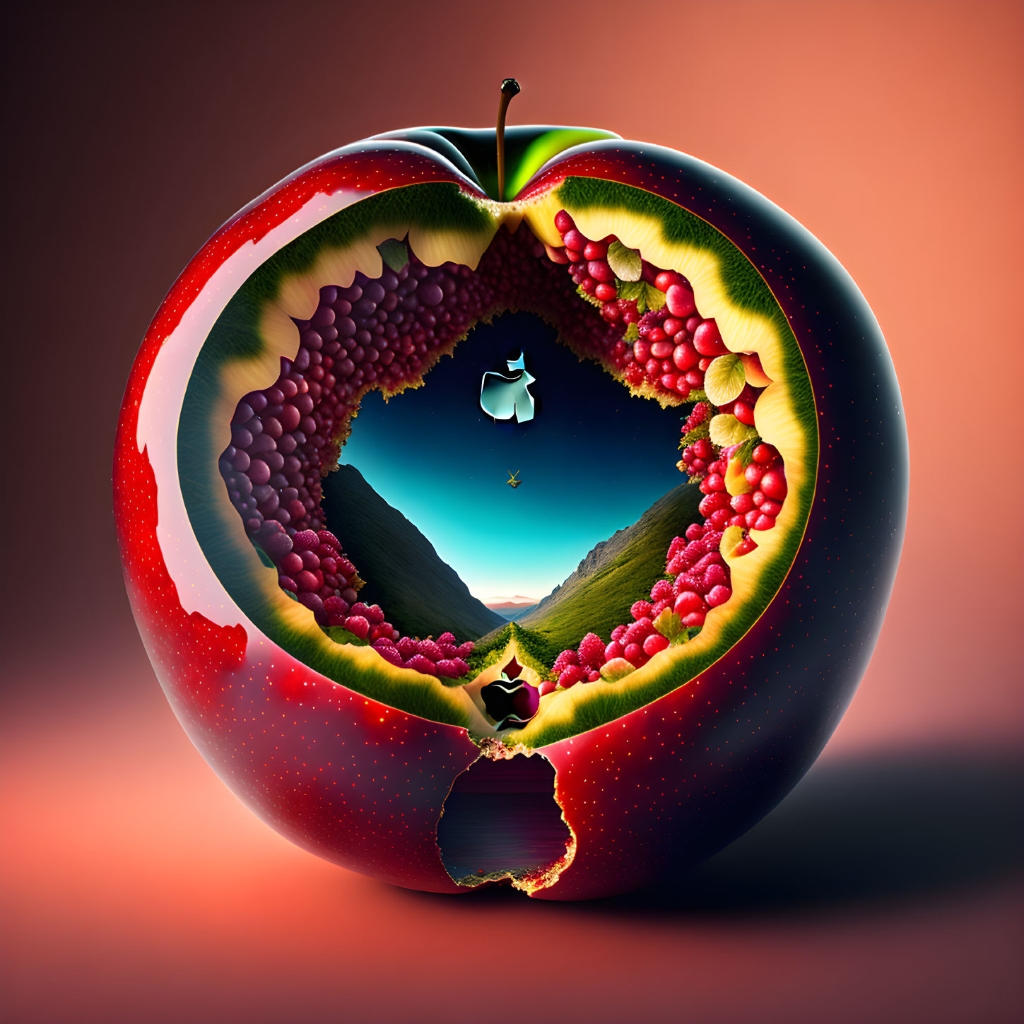 Surreal red apple with circular landscape cutout.