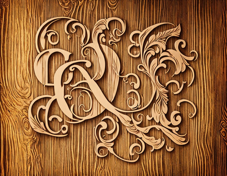 Intricate wooden 'W' letter with leaf-like designs on dark wood background