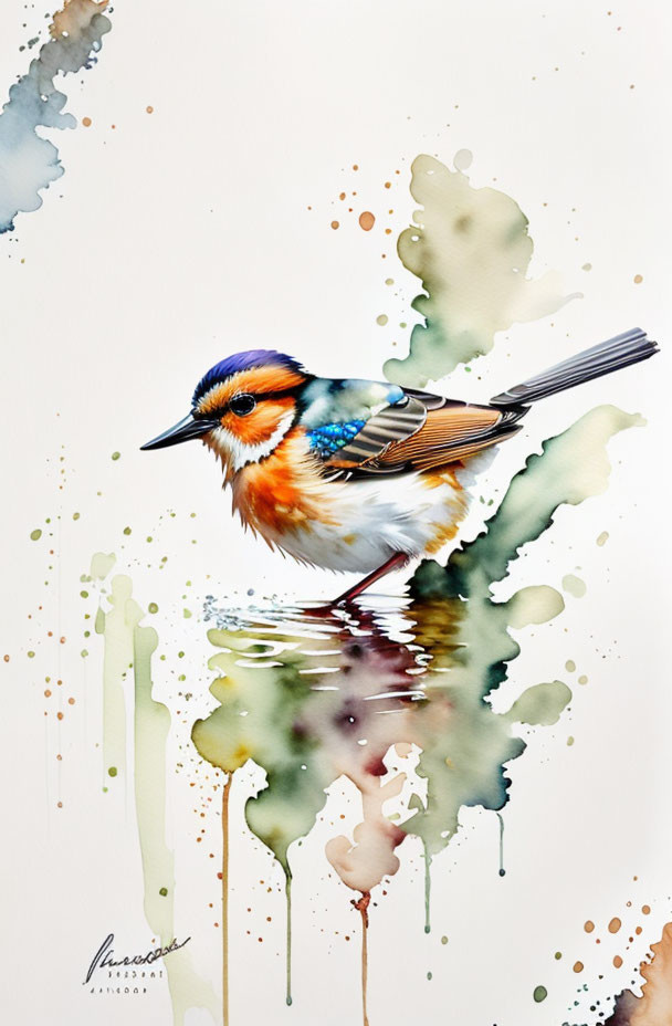 Colorful Bird with Blue, Orange, and Brown Plumage Reflecting in Abstract Watercolor