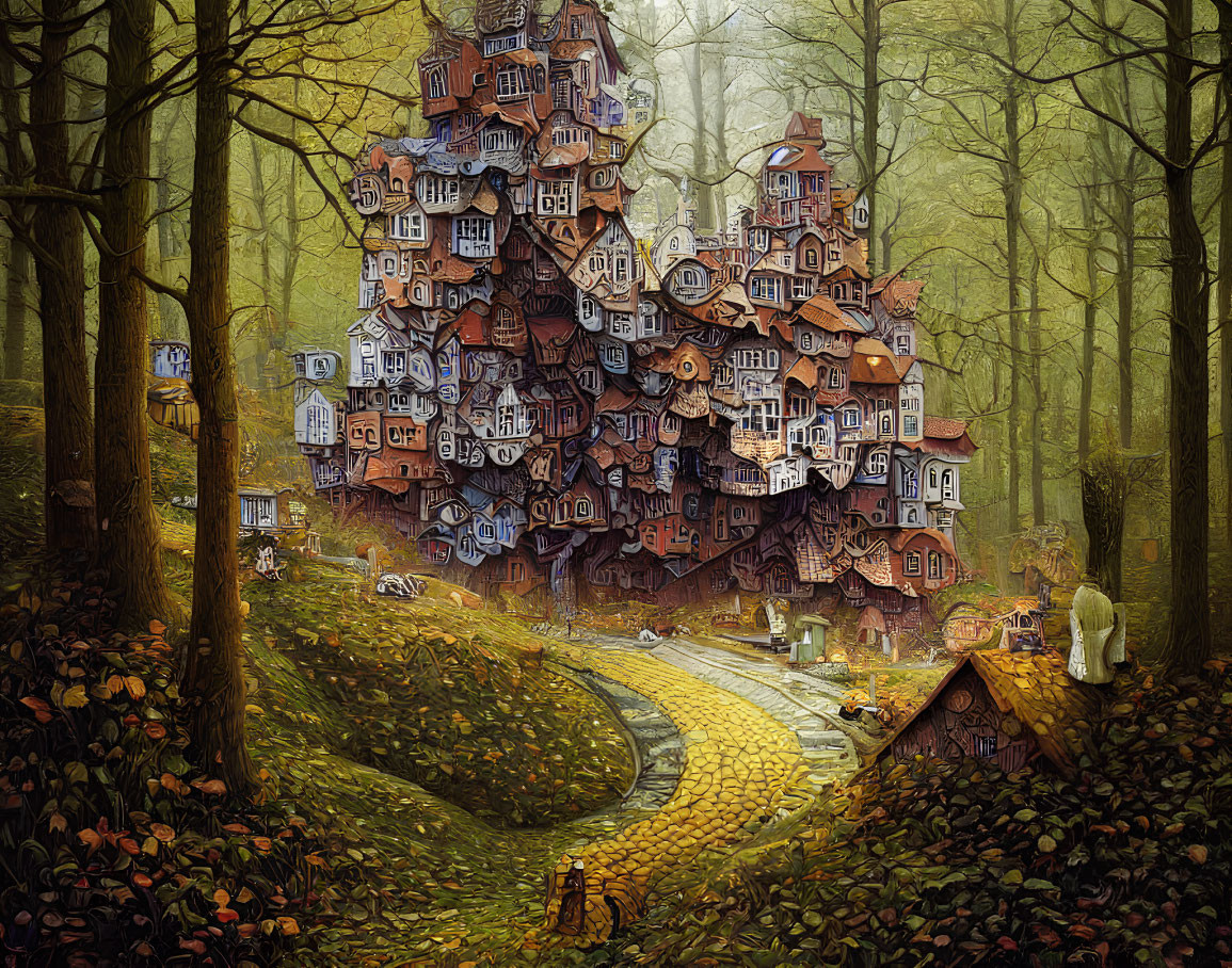 Detailed illustration of fairy-tale cottages on tree-like structure in forest