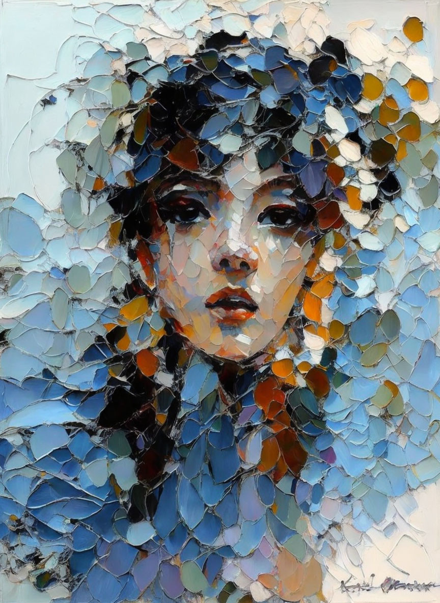 Vibrant textured painting of woman in floral hat with mosaic effect