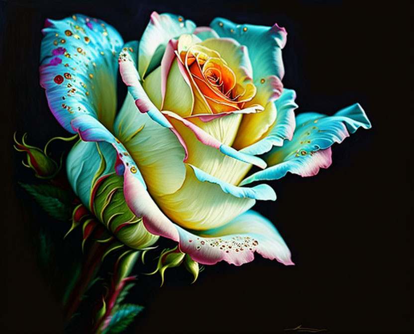 Multicolored rose art with blue, yellow, and pink hues on dark backdrop