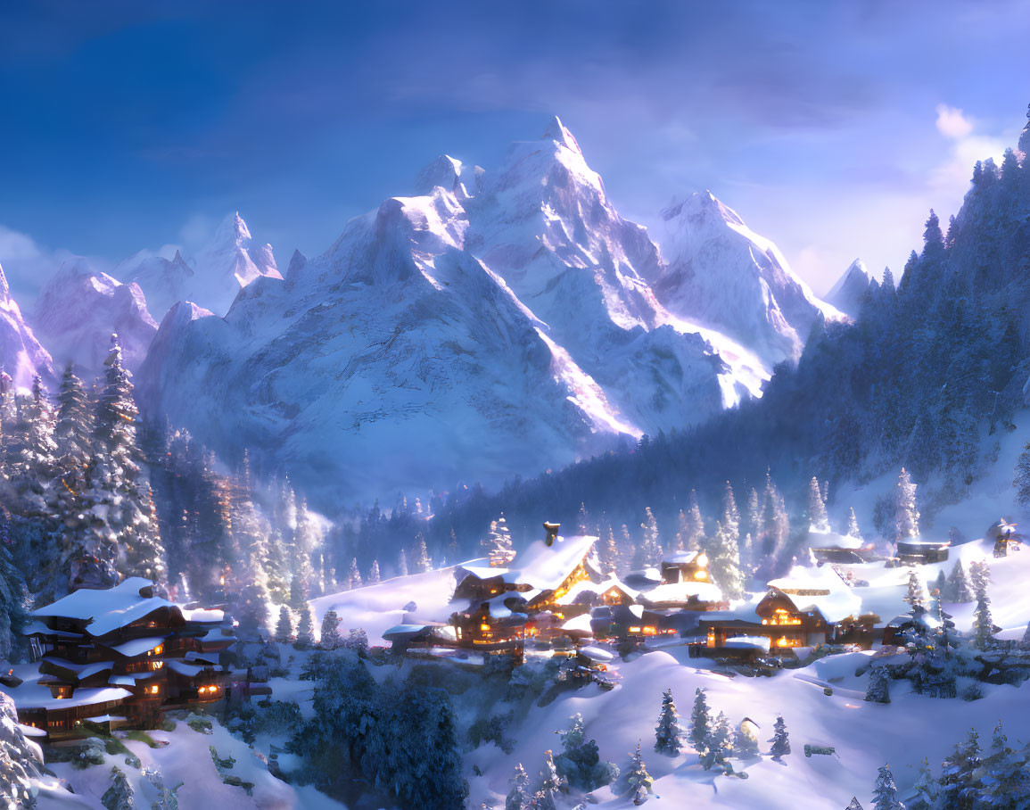 Snowy village nestled at base of snow-covered mountains at twilight