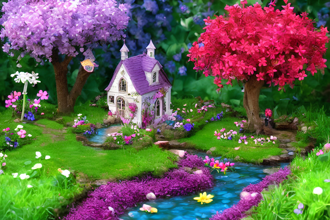 Colorful Miniature Garden with Purple and Red Trees, Quaint House, Stream, and Ducklings