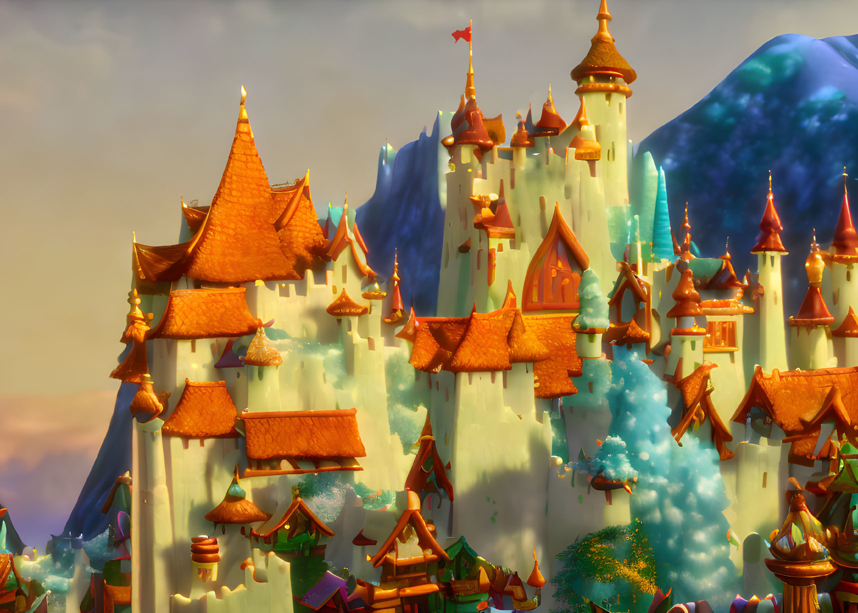 Fantastical animated castle at sunset with orange roofs and misty mountain backdrop