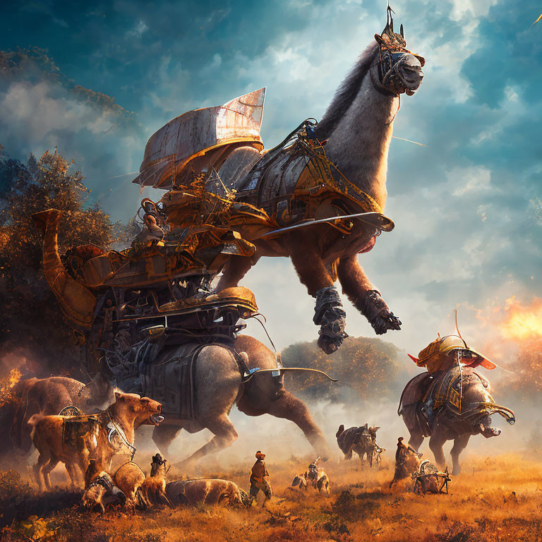 Fantasy art: Warriors on llamas in dramatic landscape with airship.