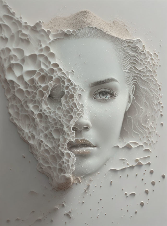 Detailed 3D portrait of serene woman in textured white foam