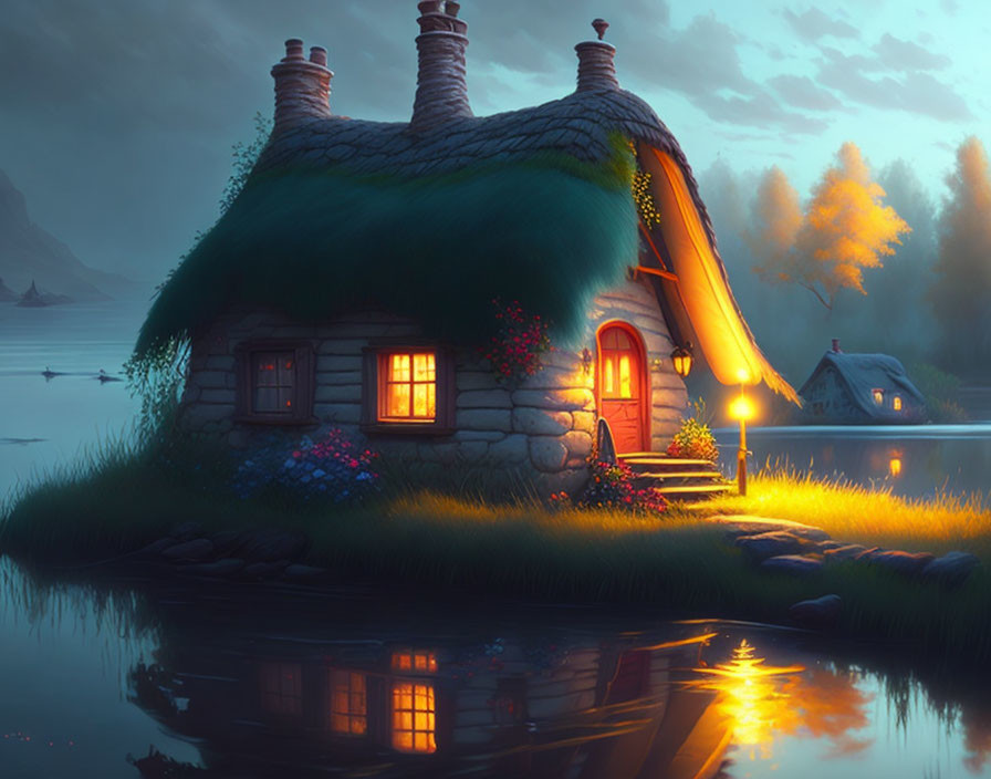 Tranquil lake cottage with lush green roof at twilight