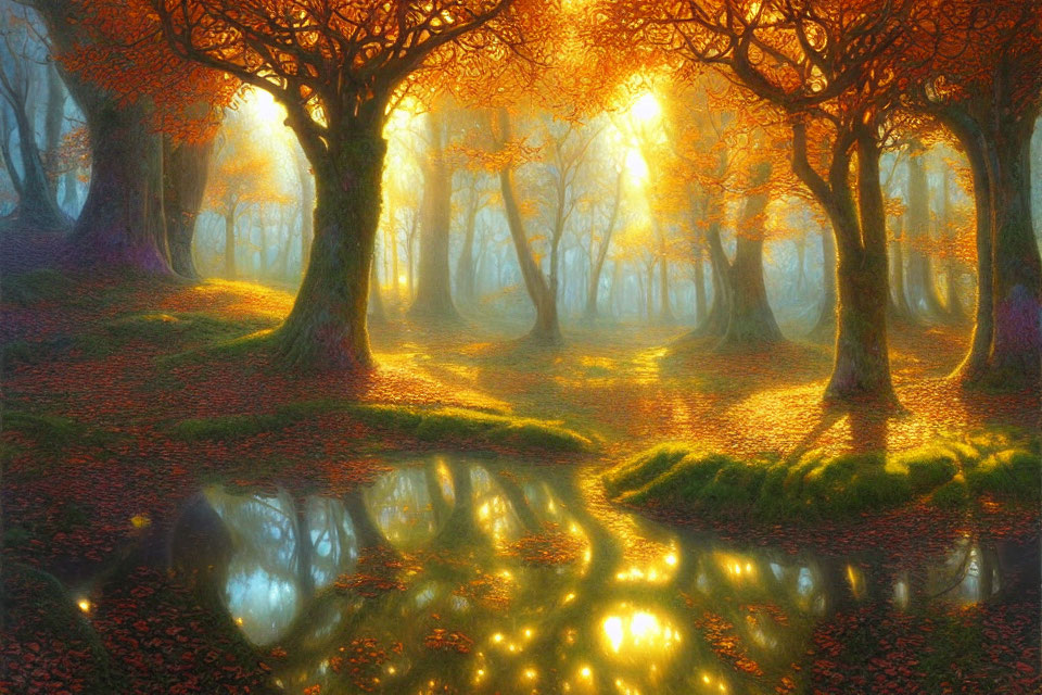 Tranquil autumn forest scene with golden sunlight and water reflections