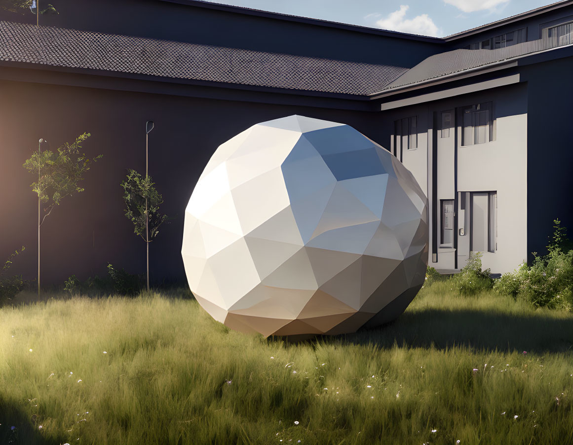 Geometric spherical sculpture with faceted surface in modern building courtyard