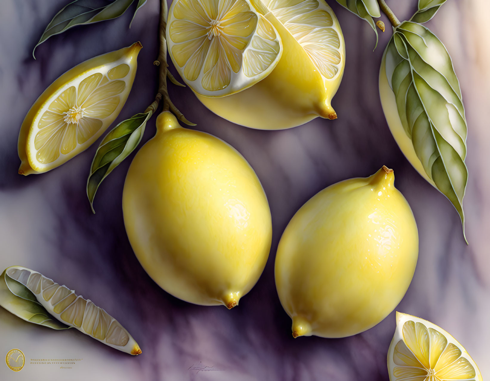 Colorful digital artwork: ripe yellow lemons, green leaves, marbled purple and white backdrop