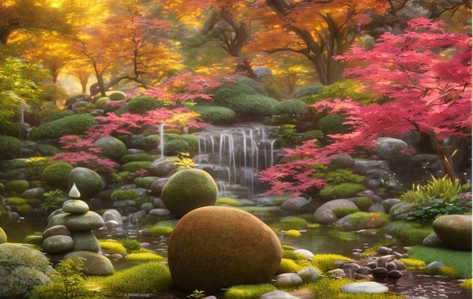 Tranquil autumn garden with waterfall, stacked stones, serene pond.