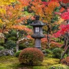 Tranquil autumn garden with waterfall, stacked stones, serene pond.