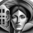 Symmetrical black and white woman's face with building and floral design