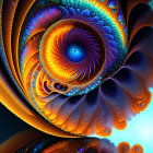 Colorful fractal art: Spiraling nautilus shell with intricate feather-like patterns