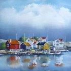 Colorful Rooftops and Boats in Serene Waterfront Village Painting