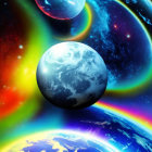 Colorful cosmic scene with Earth and celestial bodies in space