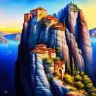 Cliffside sunset landscape with terraced houses and palace amid mountains