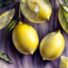 Colorful digital artwork: ripe yellow lemons, green leaves, marbled purple and white backdrop