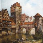 Medieval village scene with half-timbered houses, stone tower, cobblestone streets,