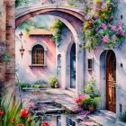 Colorful Whimsical Garden Pathway with Blooming Flowers and Arched Door