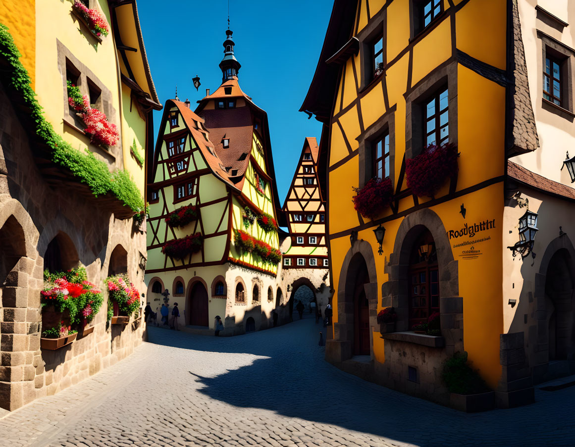 Quaint European street with half-timbered buildings and flower boxes