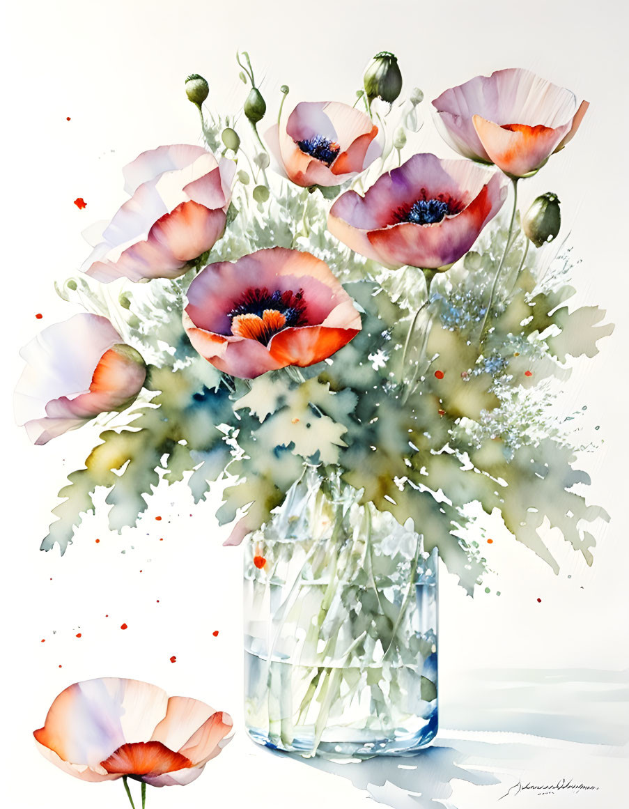 Colorful Watercolor Painting of Poppies in Vase on White Background