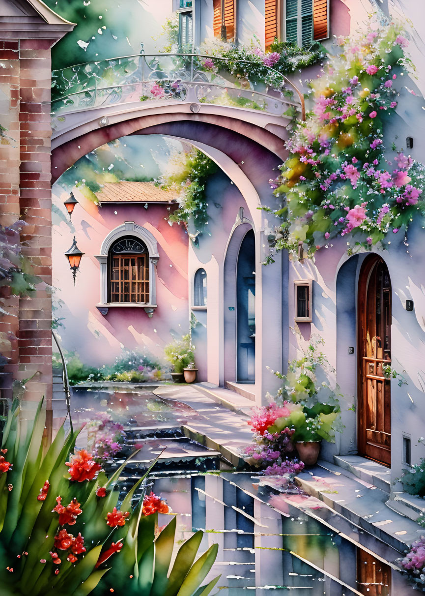 Blooming flowers and arched passageway in a picturesque courtyard