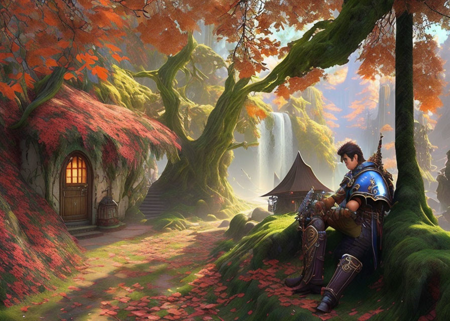 Blue-armored knight in autumn scene near cozy treehouse & waterfall