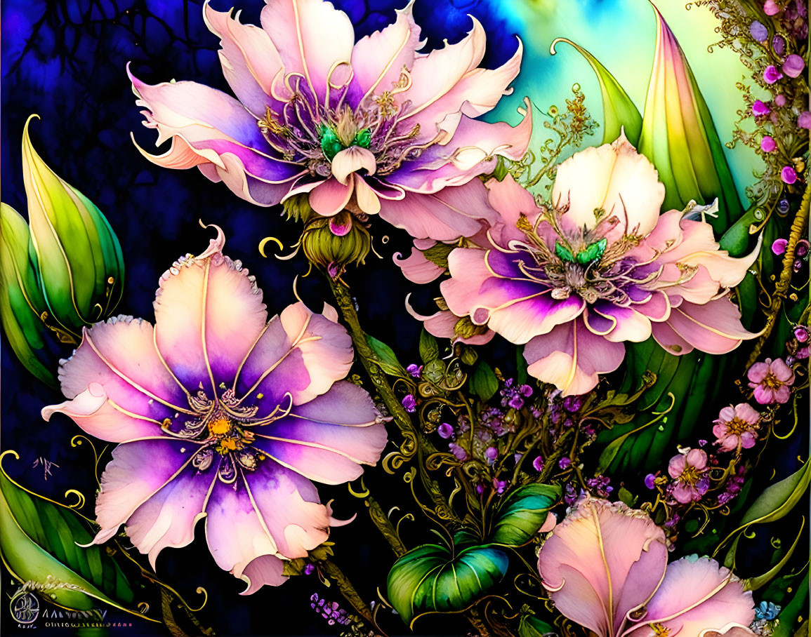 Detailed pink and purple blooming flowers in vibrant digital art